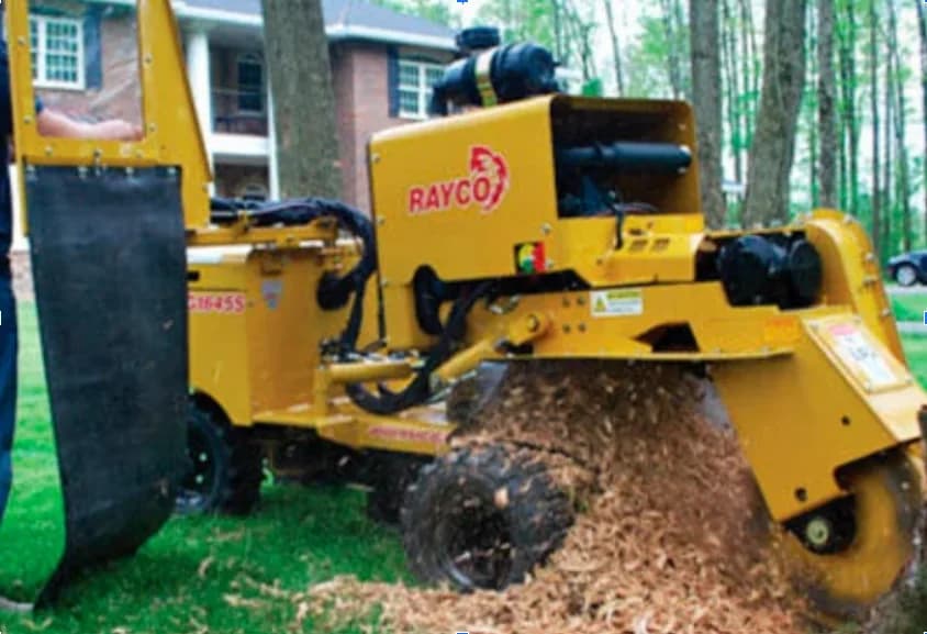 Professional stump grinder removing tree stump below ground level at residential property in Massachusetts